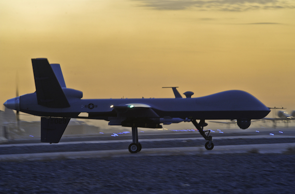 A MQ-9 Reaper drone taxis at Kandahar Airfield, Afghanistan